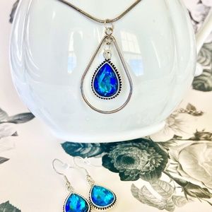 Blue / Green Faceted Rhinestone Necklace/ Earring set